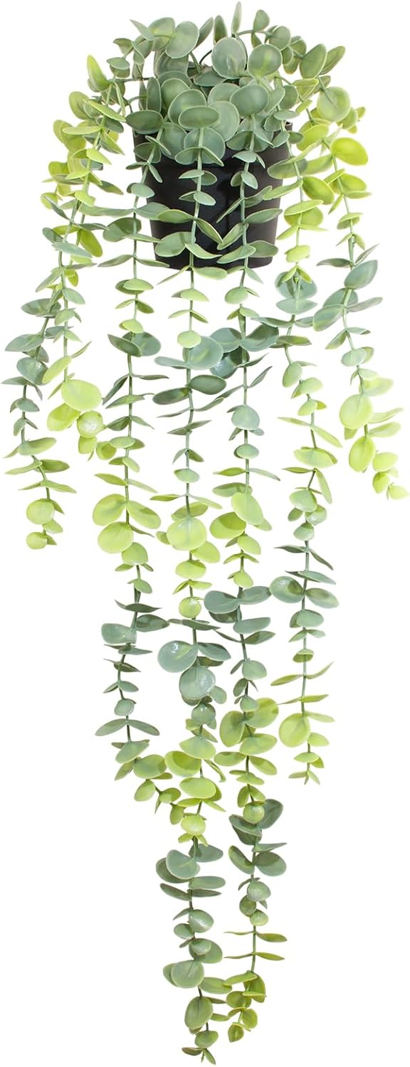 Fake Hanging Eucalyptus Plants Artificial Faux Plants Indoor Small Hanging Greenery Decor for Shelf with Black Pot Soft Green for Living Room, Kitchen, Balcony, Garden, Bedroom