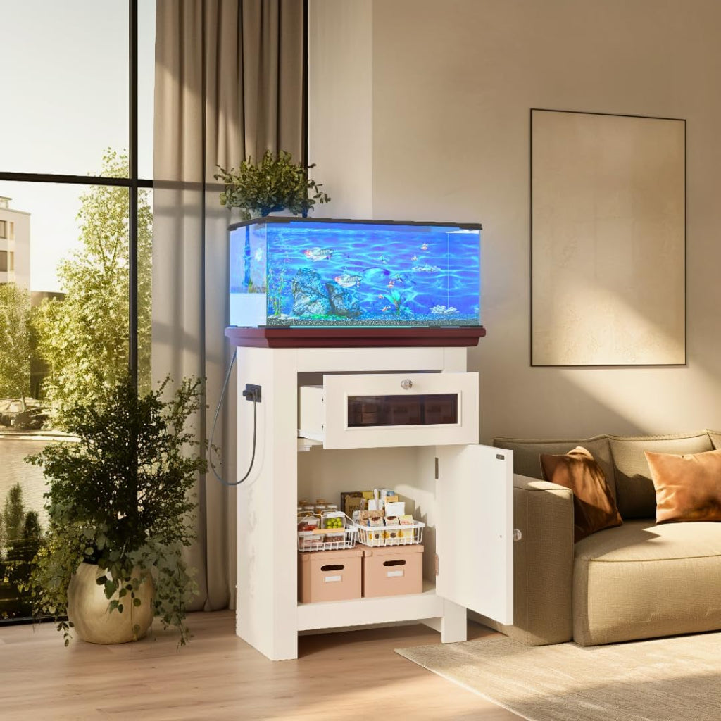 10-15 Gallon Fish Tank Stand with Power Outlets, Aquarium Table with Storage Cabinet & Drawer, 198LBS Capacity Terrarium Stand with USB Ports (Beige + Brown)