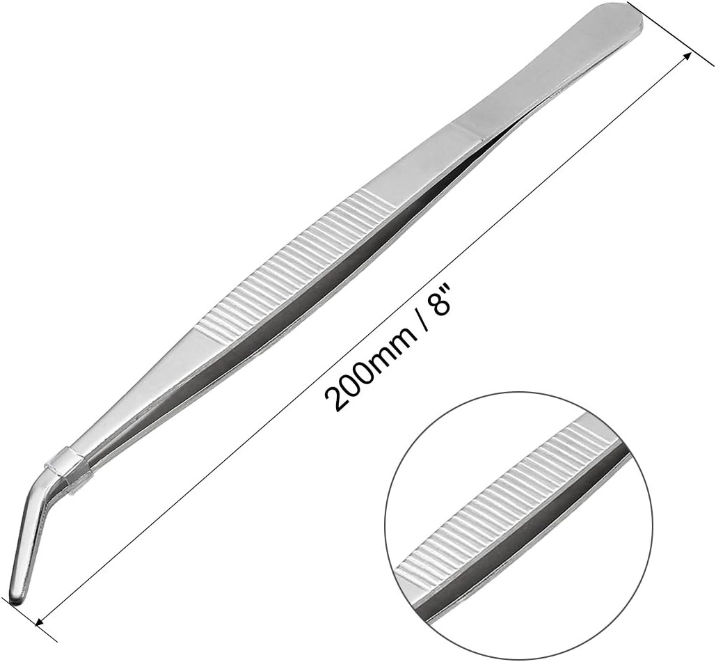 uxcell 8-Inch Stainless Steel Tweezers with Curved Serrated Tip Daily Garden Tool