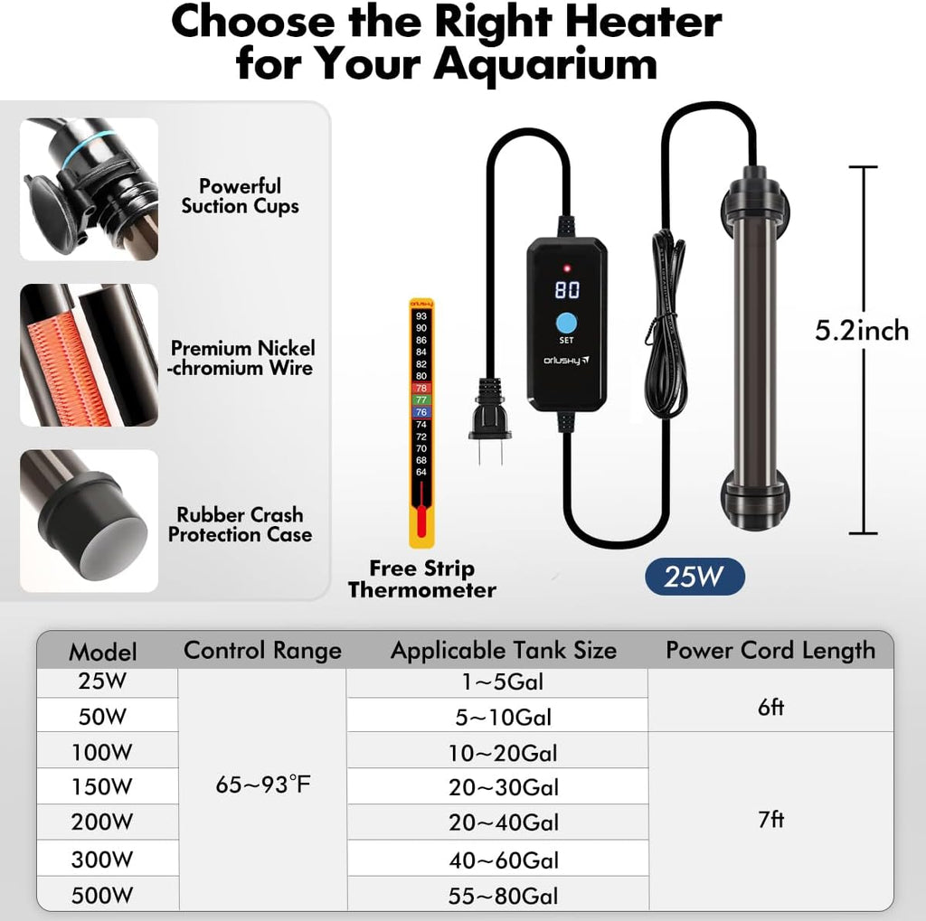Orlushy 25W Submersible Mini Fish Tank Heater, Adjustable Aquarium Heater with Digital Display External Controller, Overheat Protection and Free Thermometer for 1-5 Gallon Freshwater & Saltwater Tank