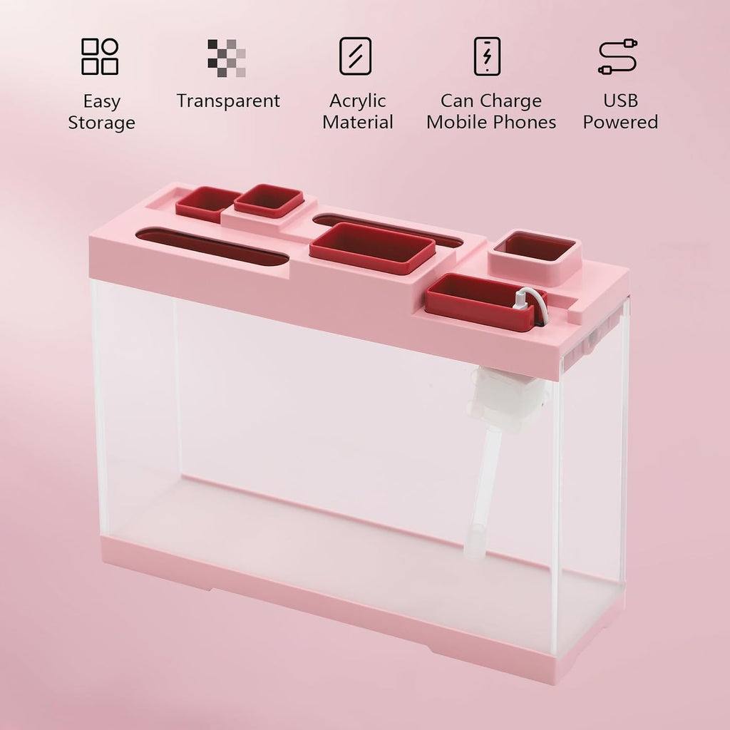 Tabletop Storage Fish Tank, 1Gal Modern Acrylic Betta Fish Tank Aquarium Kit with LED Lighting Desktop Acrylic Fish Tank Narrow Tabletop Fish Tanks for Home Office Decor, Bedrooms (Pink)