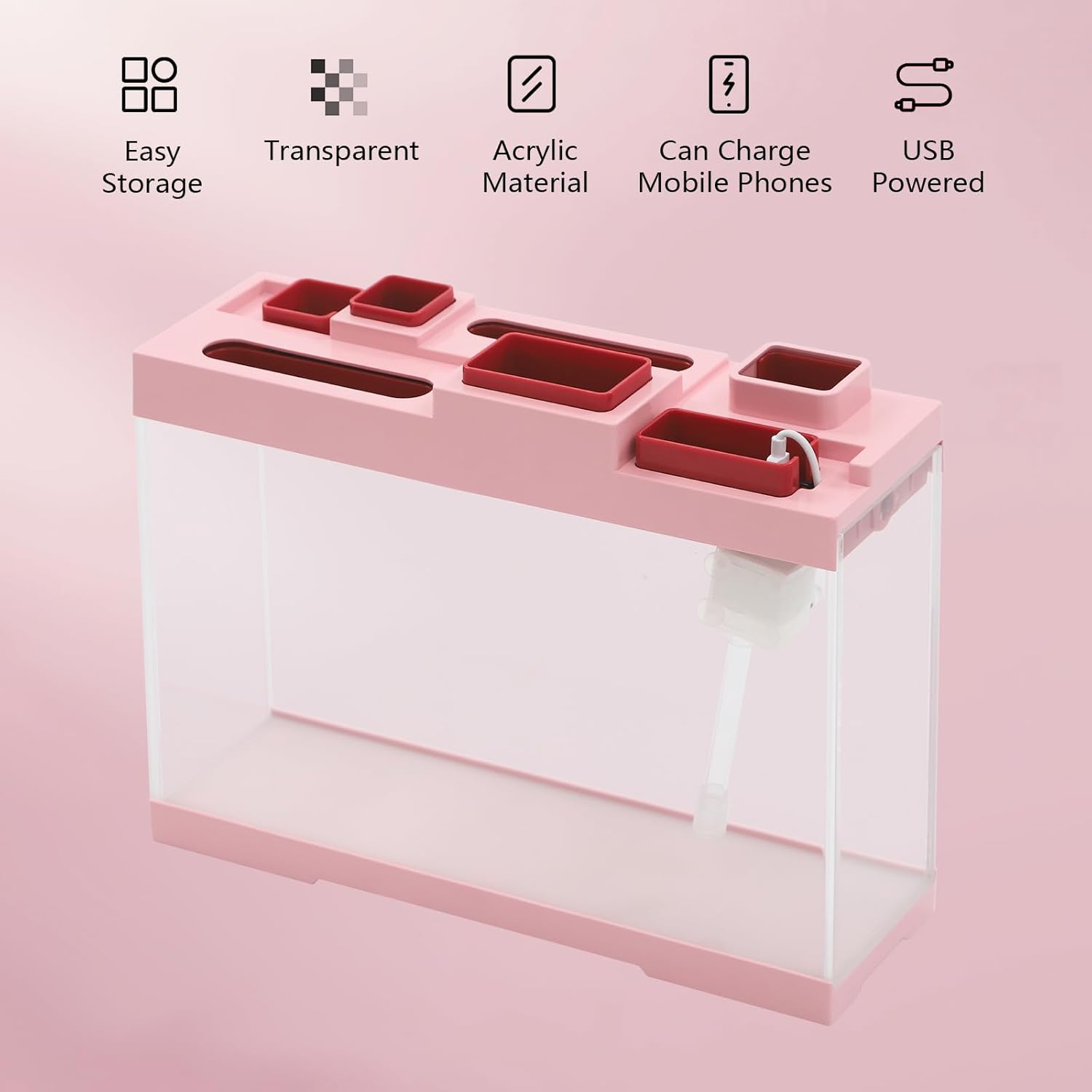 Tabletop Storage Fish Tank, 1Gal Modern Acrylic Betta Fish Tank Aquarium Kit with LED Lighting Desktop Acrylic Fish Tank Narrow Tabletop Fish Tanks for Home Office Decor, Bedrooms (Pink)