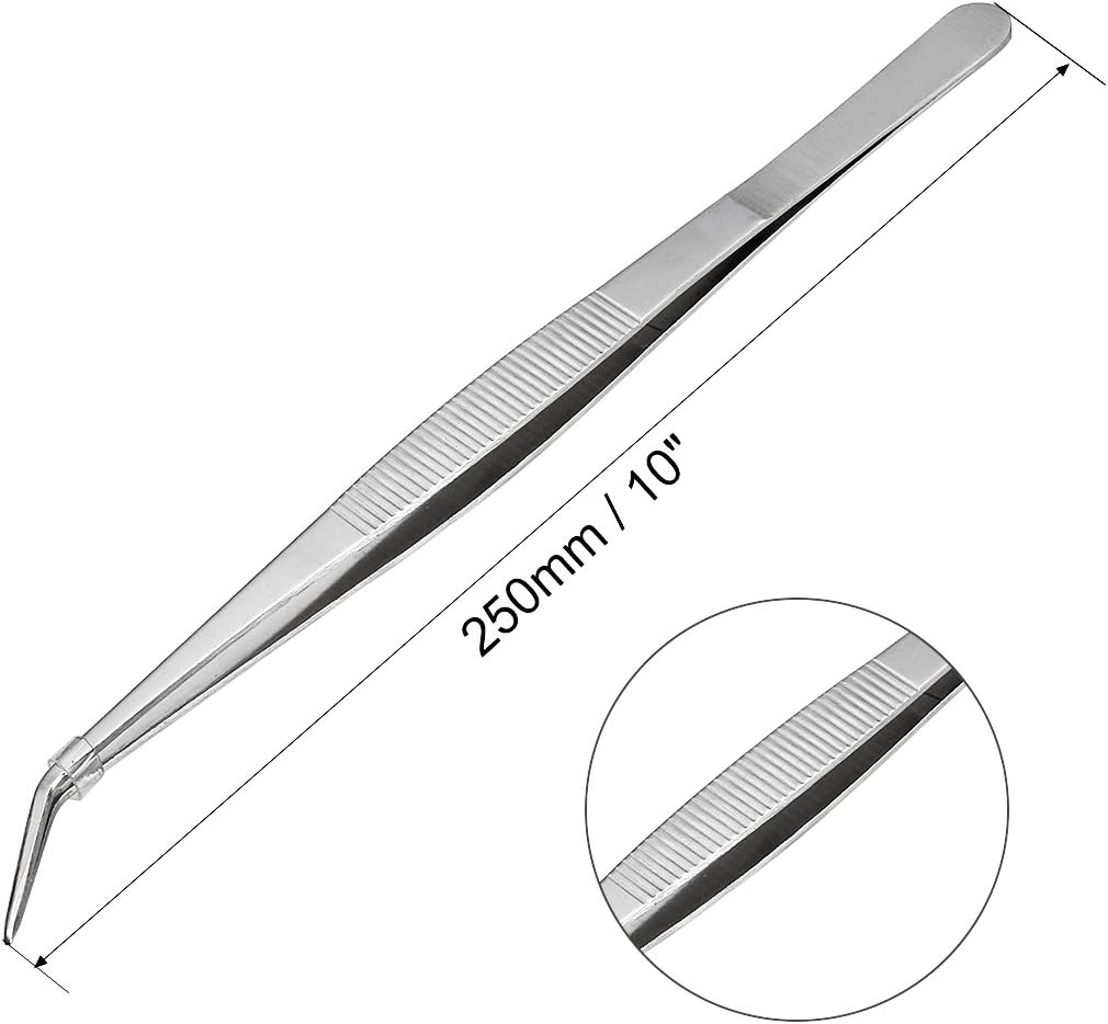 uxcell 10-Inch Stainless Steel Tweezers with Curved Pointed Serrated Tip