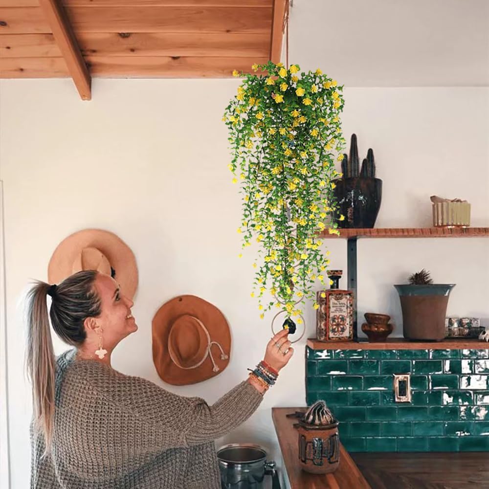 WEISPARK Artificial Hanging Flowers, 9pcs Fake Eucalyptus Vine Faux Flower Greenery Garland Plastic Plants for Indoor Outdoor Wall Garden Wedding Home Party Decor (9pcs Yellow)