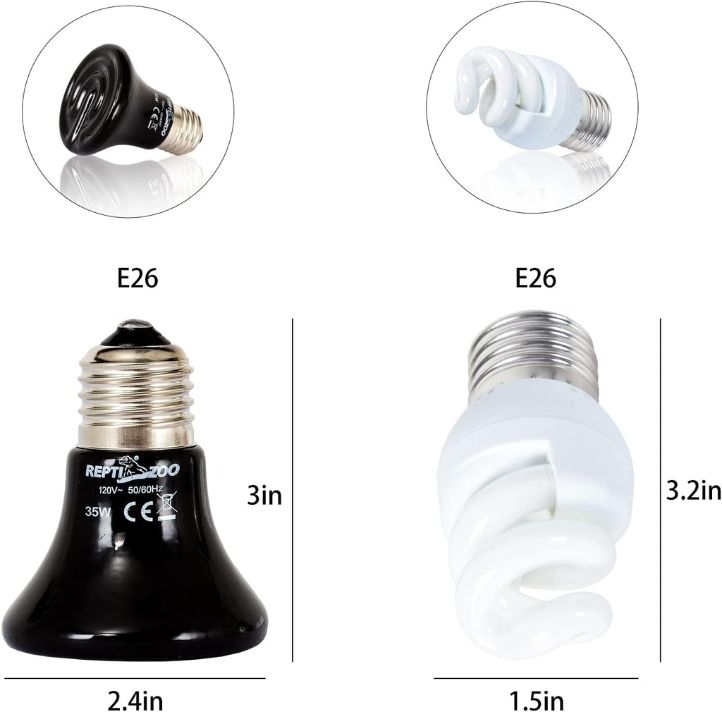 REPTI ZOO Dual Nano Dome Reptile Lamp Fixture Combo Pack Includes 5W Mini Fluorescent UVB Light Bulb & 35W Ceramic Heat Emitter Reptile Heat Lamp Bulb
