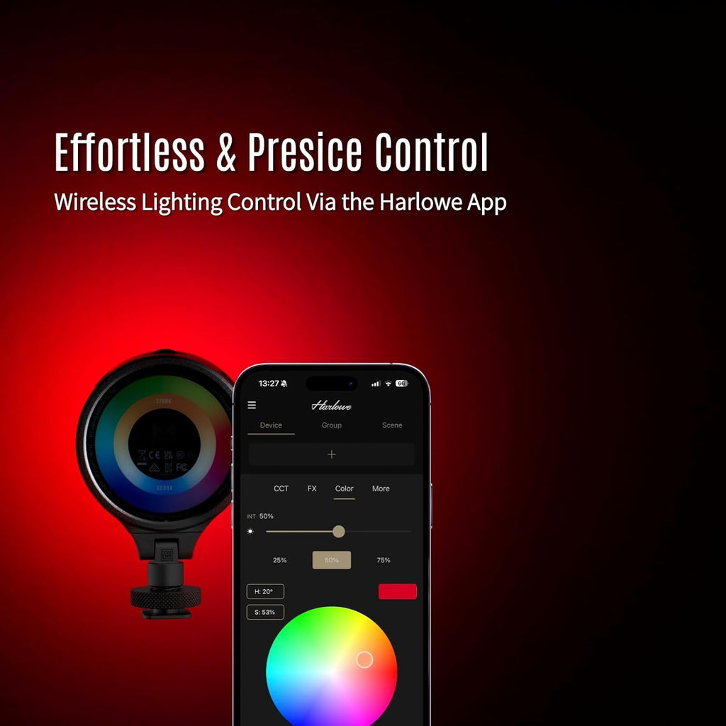Harlowe Sol 5 Spectra On Camera Light Kit Portable Cold Shoe Mount RGBCW Camera Light 1700K-10000K CRI/TLCI 96+ 36000 Colors RGB Video Light with Touchpad and Magnetic Mount System