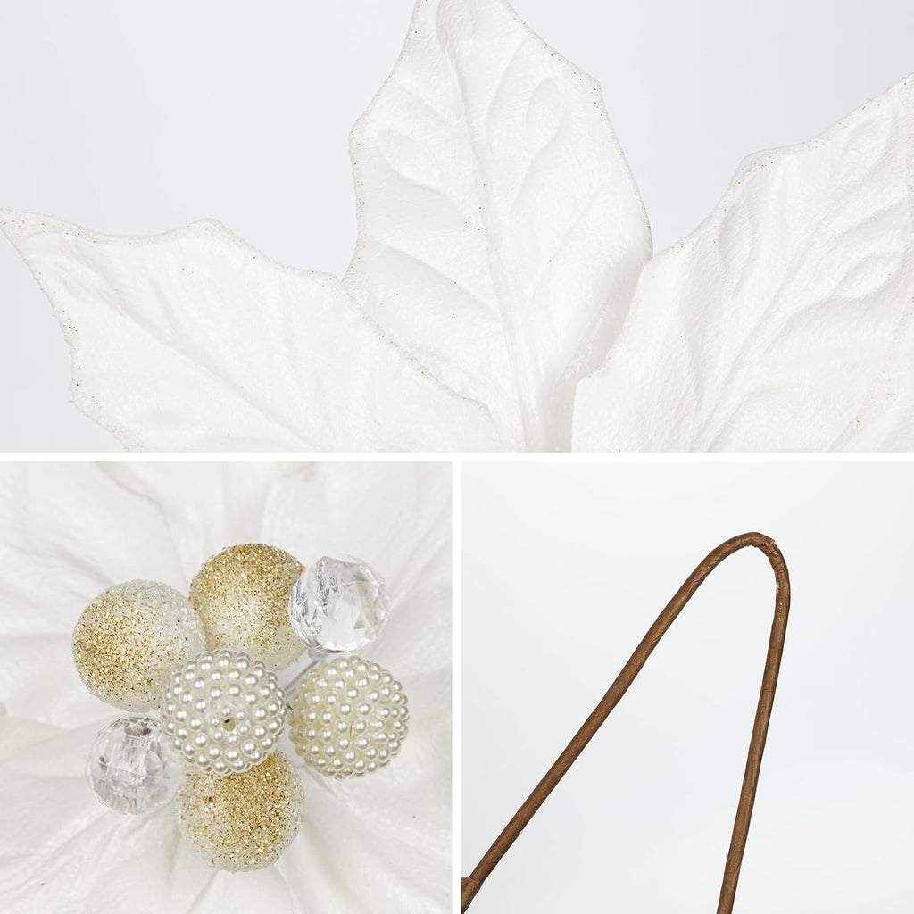 Hollyone 3PCS Poinsettia Christmas Flowers Artificial 11" Large White Glitter Poinsettia Flowers Christmas Tree Ornaments Floral Picks for Tree Wreath Garland Vase Table Centerpiece Home Deco