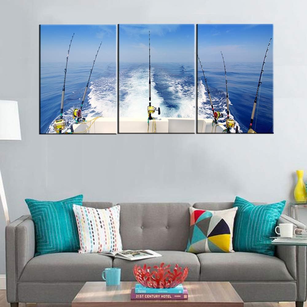 Angling Paintings for Living Room Fishing Tackle Wall Art Seascape Pictures 3 Panels Printed on Canvas Stretched Home Modern Decor Contemporary White Artwork Giclee Framed Ready to Hang(48''Wx 24''H)