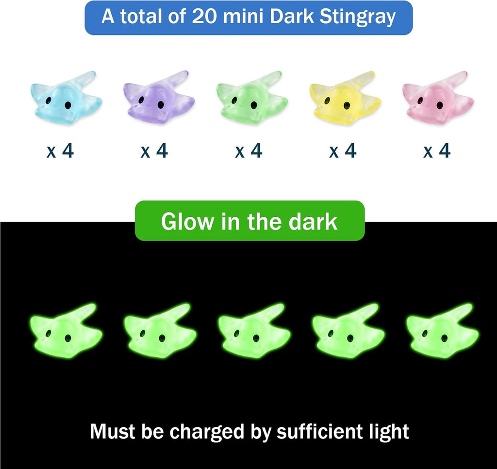 20Pcs Mini Resin Glow in The Dark Stingray Figurines - 6 Colors Realistic Cute Sting Ray Decorations for Terrarium Decor, Fairy Garden, Aquarium, Small Resin Animals with Storage Box