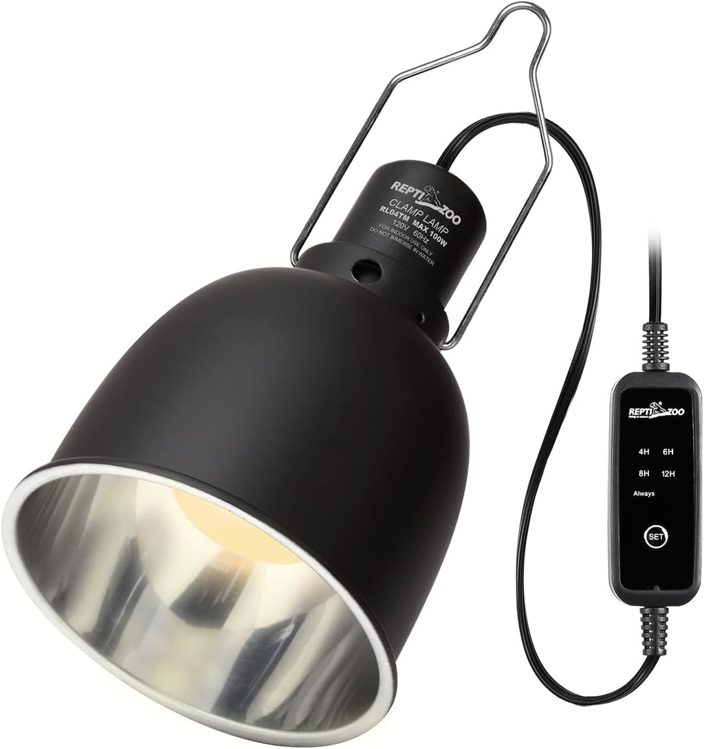 REPTI ZOO Reptile Light Fixture with Timer, 5.5 Inch Deep Dome Lamp Fixture with Light Bulb Timer Controller Optical Reflection Cover for Reptile Glass Terrariums
