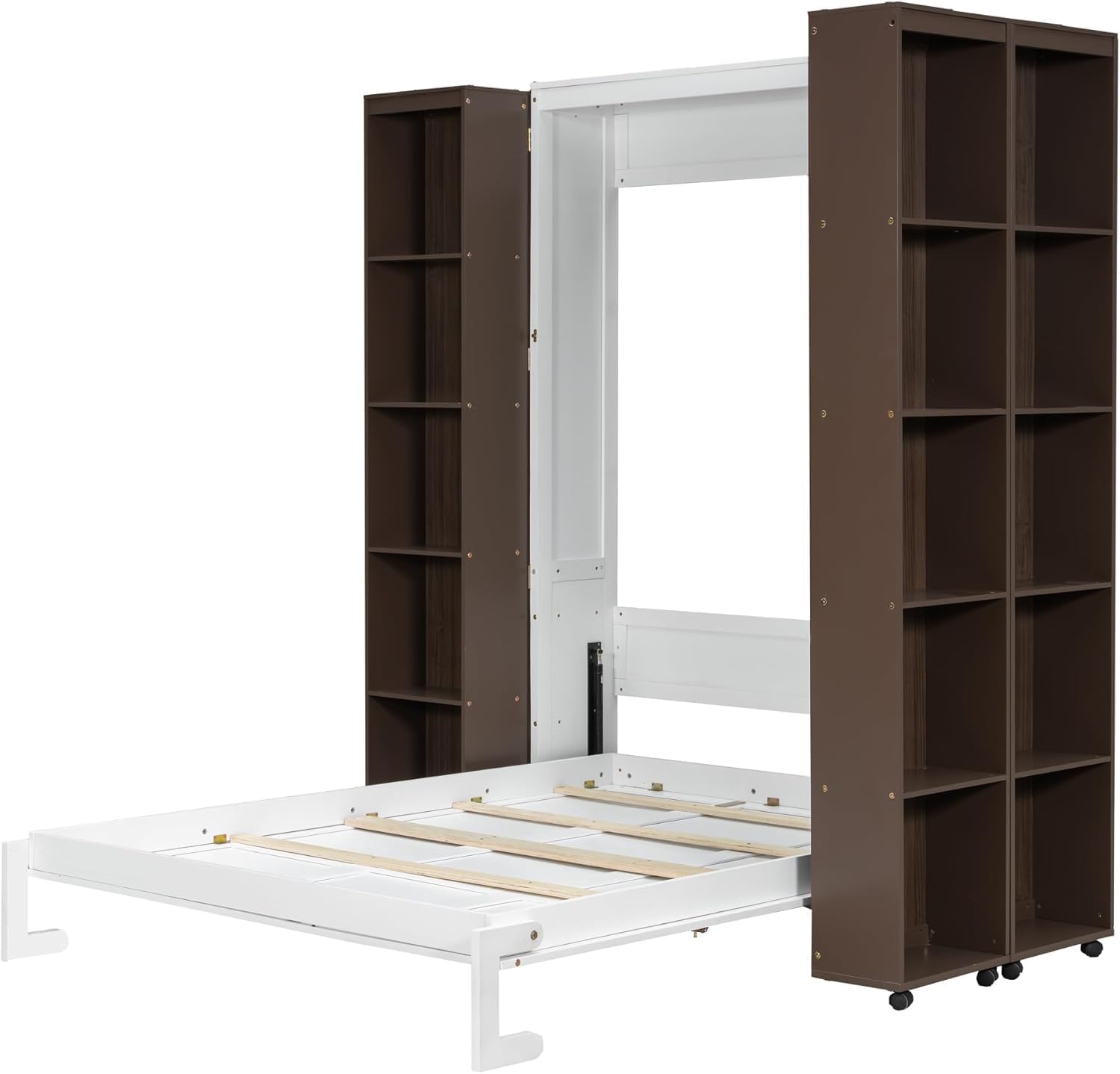 MERITLINE Foldable Hidden Queen Murphy Bed Cabinet with Storage Bookshelf Bookcase, Wood White Murphy Wall Bed with Storage Shelves for Adults (Espresso)
