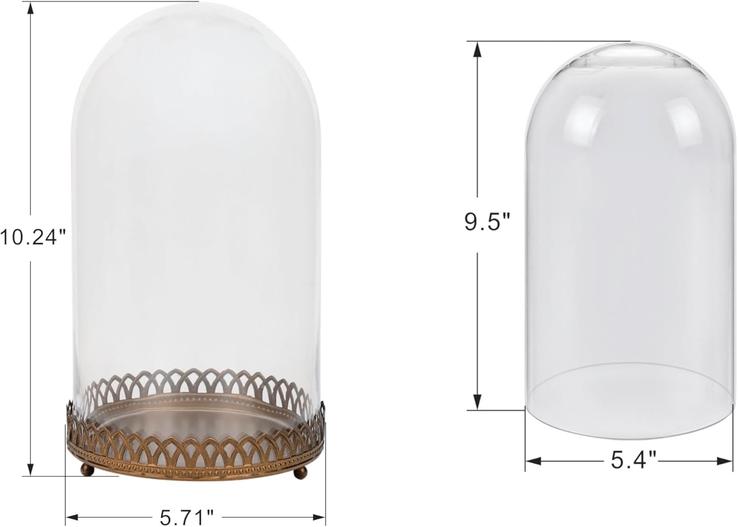 10" Tall Glass Dome with Metal Base in Antique Bronze for Terrarium, Plants, Trinkets, Cakes, Figurines, LED Light String, Candle. Cloche Glass Dome, Bell Jar Display Case, Mantle Place (1, 5.5"x10")