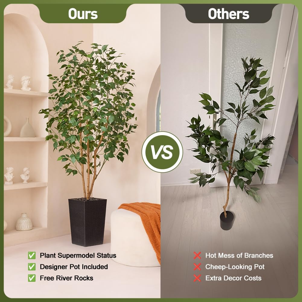 6ft Artificial Ficus Tree,Tall Faux Tree with Silk Leaves & Real Wood Trunk,UV Resistant Potted Fake Plant with Pebbles & Planter-Indoor Outdoor Floor Plant for Home Living Room,VN129