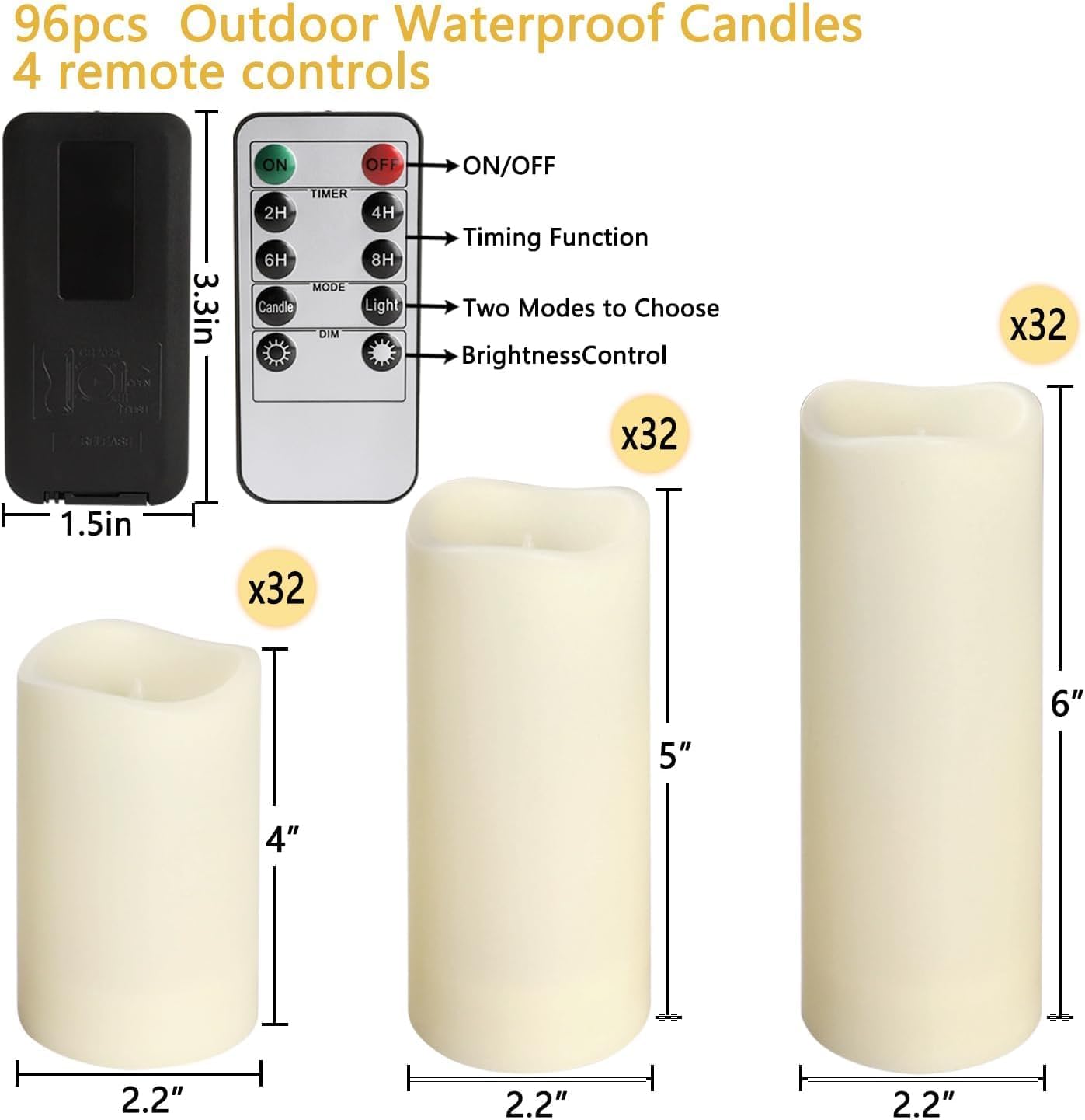 Set of 96 Flameless Led Battery Opeated (D2.2'' x H4''5''6'') Waterproof Outdoor Indoor Candles with 10-Key Remotes and Cycling 24 Hours Timer
