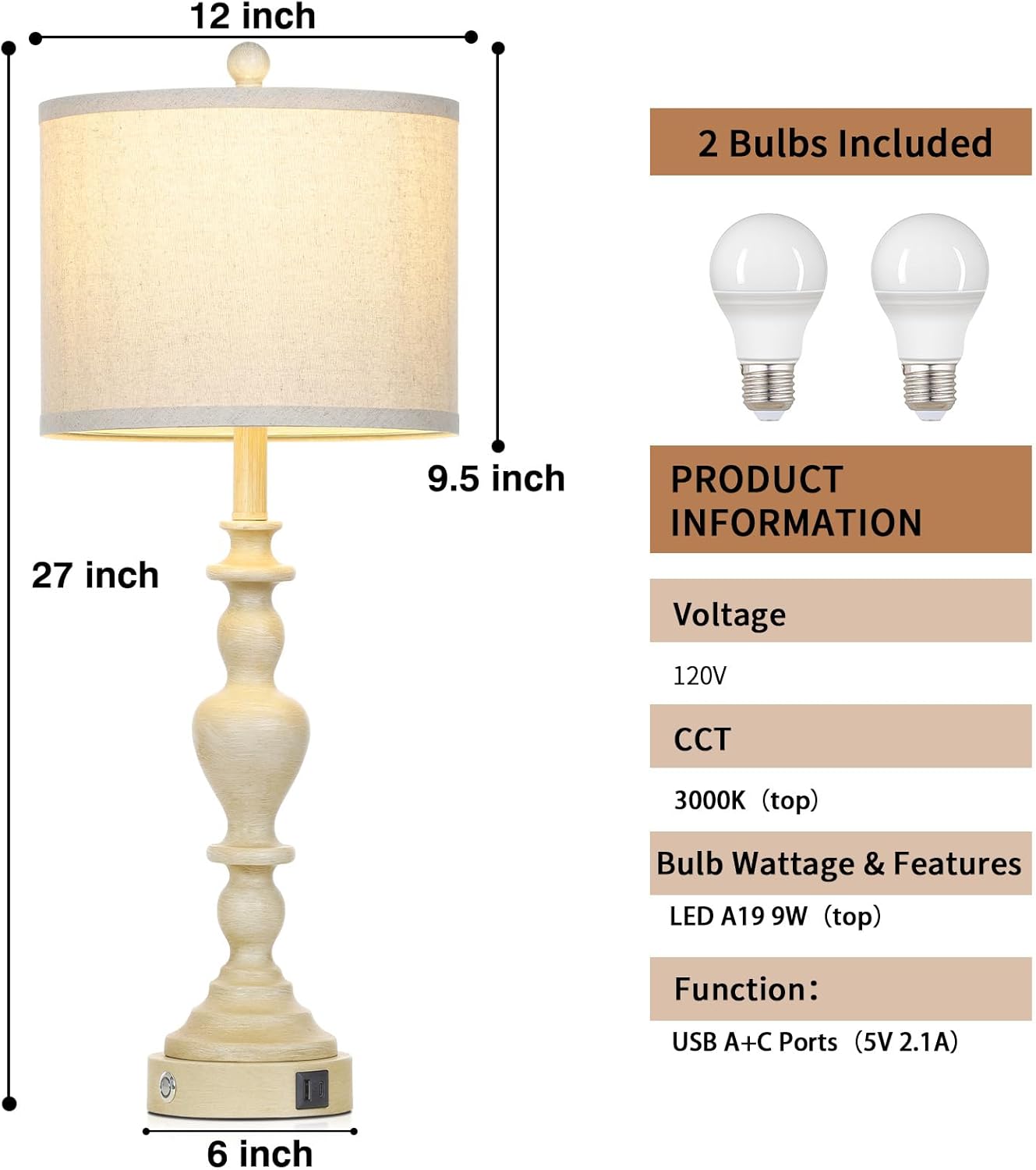 27" Vintage Farmhouse Table Lamps for Living Room Set of 2, Rustic Nightstand Lamps with USB C+A Ports, 3-Way Dimmable Retro Bedside Lamps for Bedroom Office 2 LED Bulbs Included Washed Antique Beige