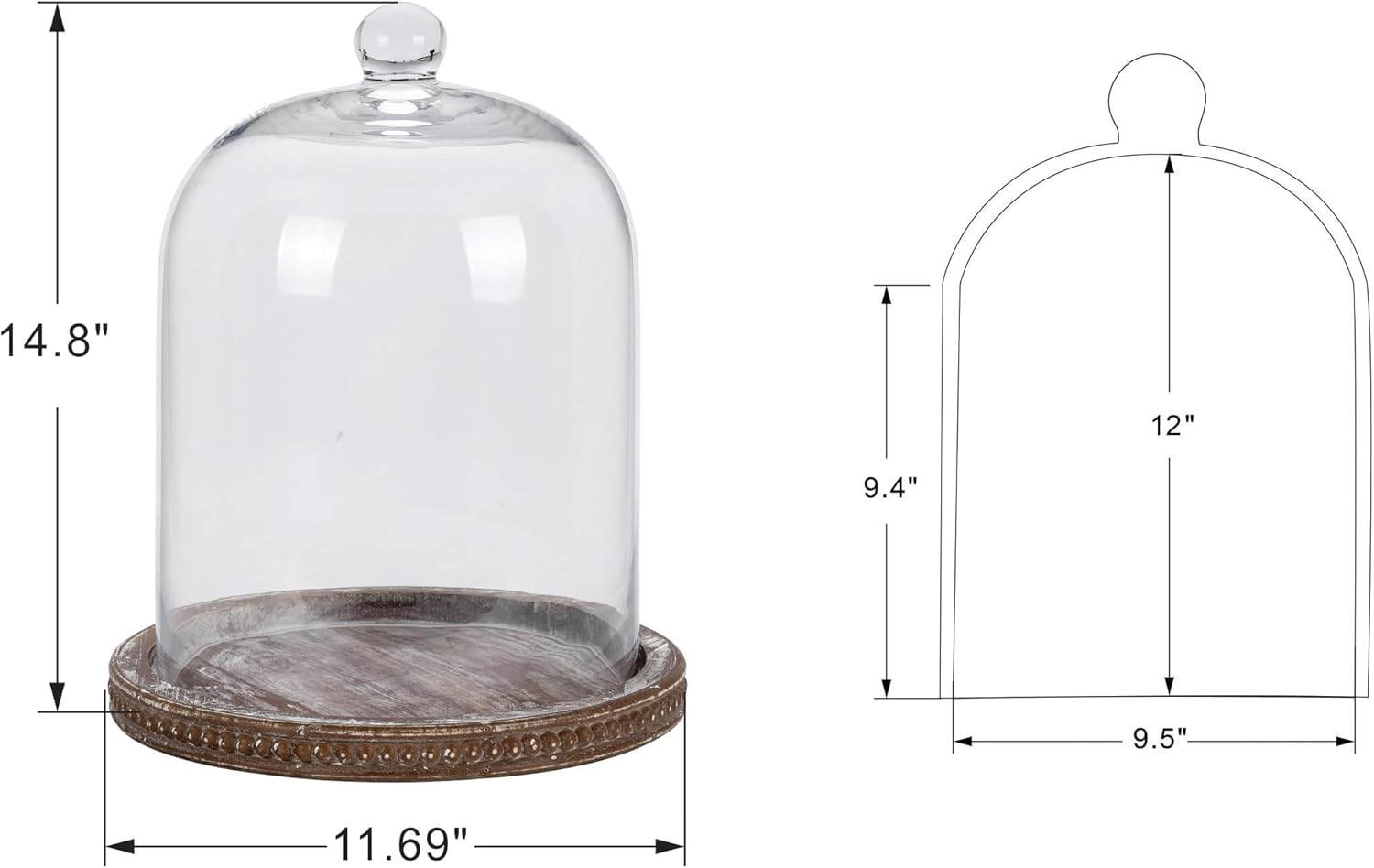 14" Large Handmade Sturdy Glass Cloche With Brown Beaded Wooden Base In Farmhouse & Cottage Style, For Terrarium, Trinkets, Cakes, Figurines (Brown, 10"x14")