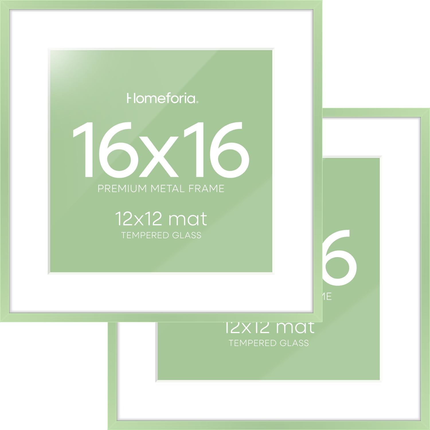 Homeforia 16x16 Picture Frame Sage Green, High End Metal 16 x 16 Square Poster Frames with Mat 12 x 12 Photo, 16x16 Frame Matted to 12x12 Art, 16by16 Hanging Frames, Tempered Glass, Wall Kit, Set of 2