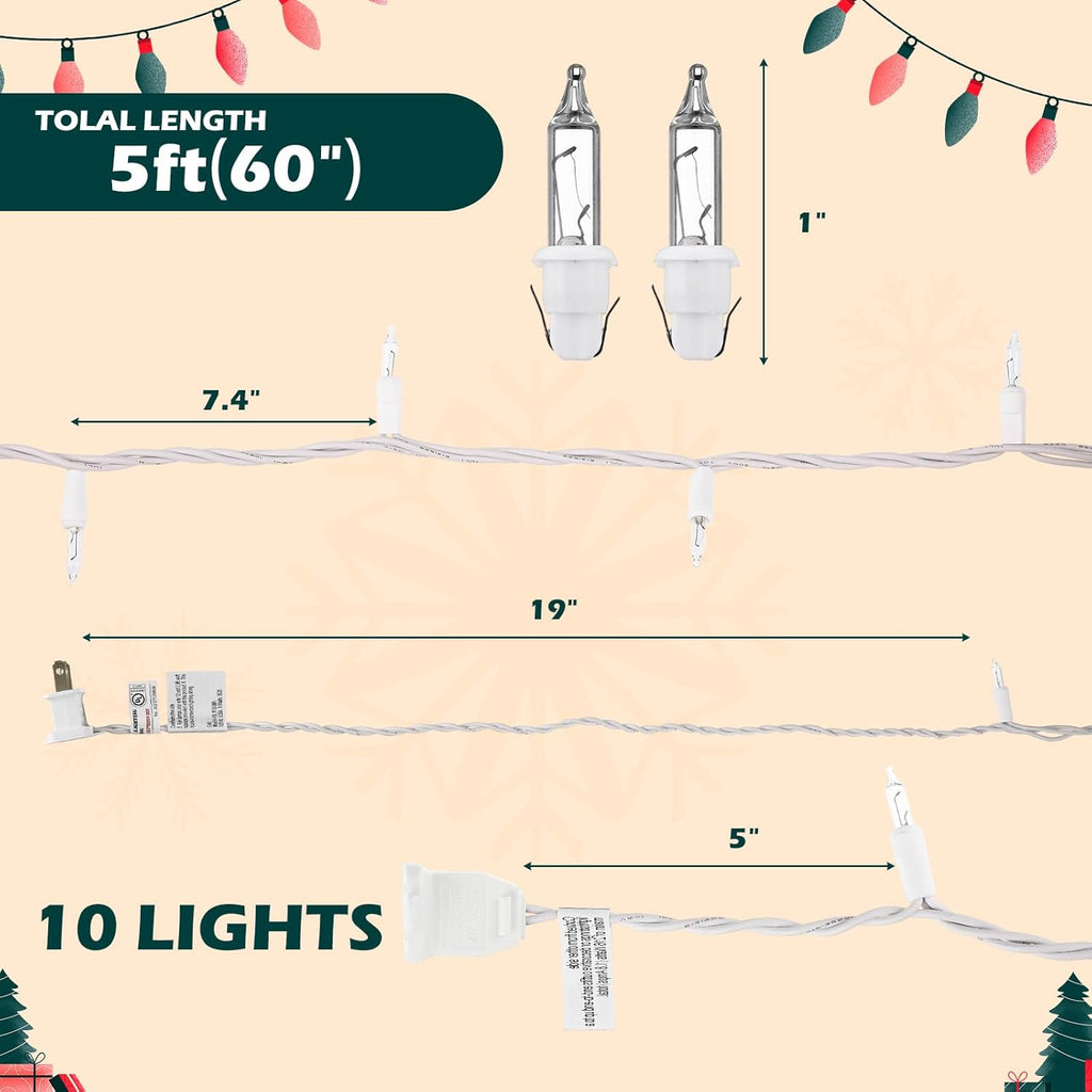 Mini Christmas Lights String Warm White Vintage Short Strand String Lights, Clear Bulbs Wire Fit Light up Christmas Decorations(10 Bulbs Connectable,5ft,White)