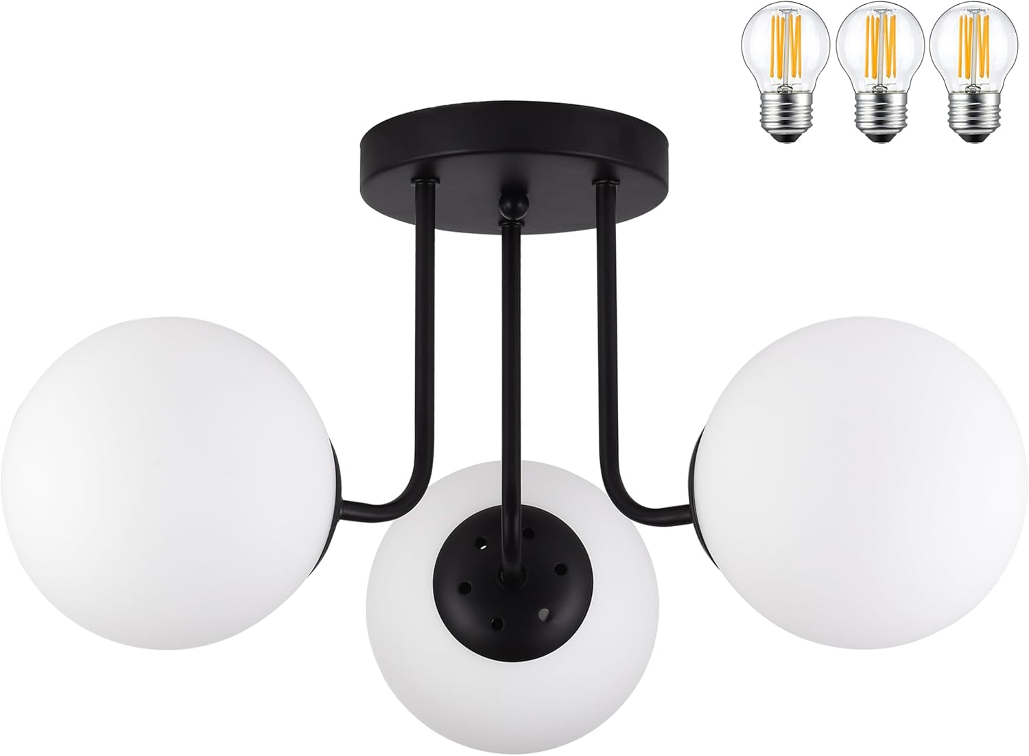 KoKo&Yukina 3-Light Semi Flush Mount Ceiling Light Globe Lights Mid Century Ceiling Light with Opal Milk Glass Globe & Matte Black for Bedroom Hallway Entryway Kitchen Living Room (Bulb Incl.)