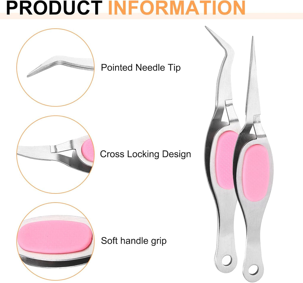 HARFINGTON 2pcs Craft Tweezers Precision Crossing Lock Curved Straight Stainless Steel Soft Reverse Grip Fine Tip Tweezers for DIY Craft Jewelry Beading Electronics, Silver Pink