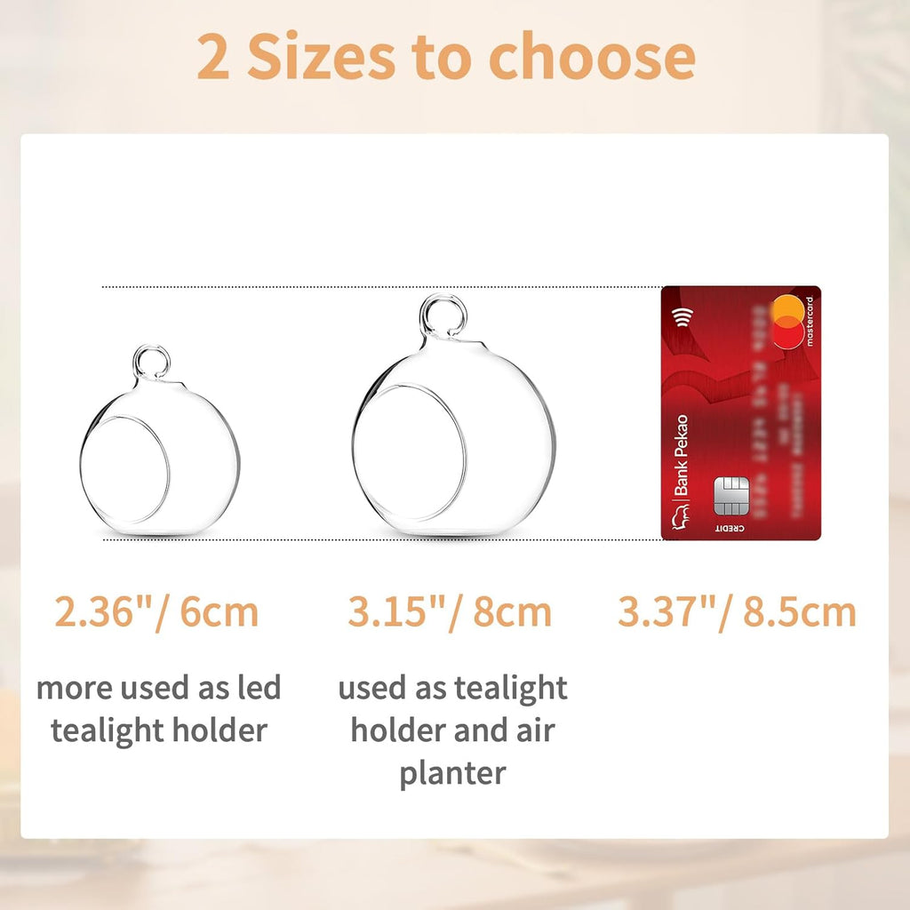 Nuptio 24 Pcs Hanging Glass Tealight Holder Globe 2.36" Diameter, Tea Light Candle Holders Wedding Christmas Halloween Home DIY Gifts, Garden Hanging Ornaments Outdoor Candle Holders