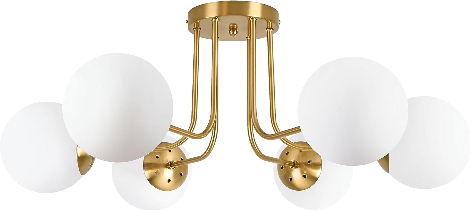 KoKo&Yukina 6-Light Mid Century Ceiling Light Modern Semi Flush Mount Ceiling Light Fixture Globe Ceiling Light with Milk Glass Shade Brushed Brass Finish for Bedroom Hallway Dining Room Living Room