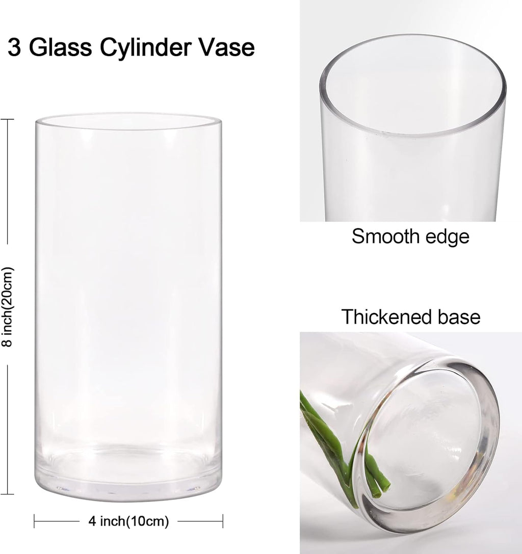 Set of 3 Glass Cylinder Vases,8 Inch Tall Clear Flower Vase,Decorative Floral Vase for Home Decor,Candle Holder,Wedding Centerpieces(4" W X 8" H)