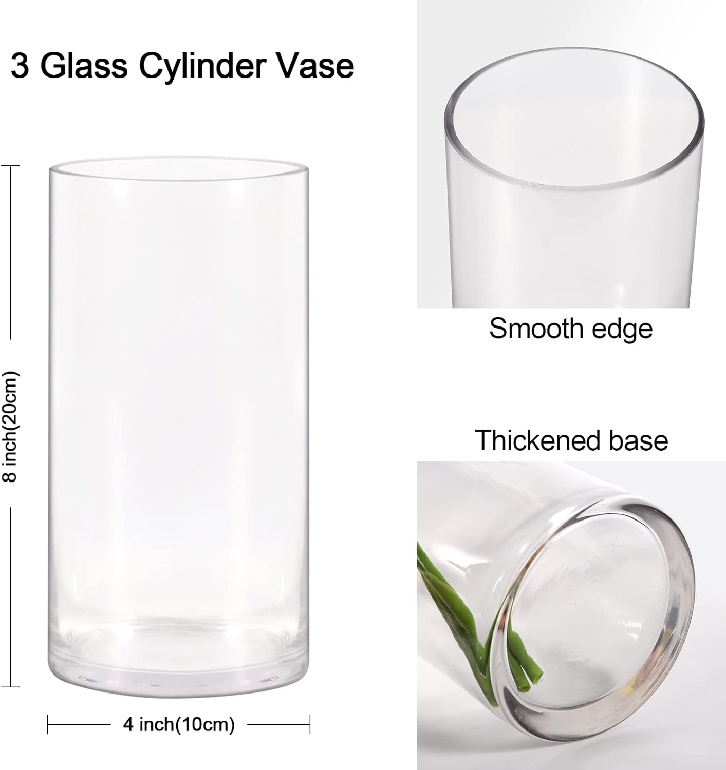 Set of 3 Glass Cylinder Vases,8 Inch Tall Clear Flower Vase,Decorative Floral Vase for Home Decor,Candle Holder,Wedding Centerpieces(4" W X 8" H)