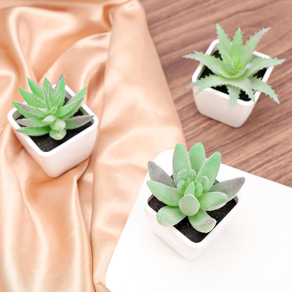Woration 6pcs Faux Artificial Mini Flocking Succulent Plants in White Pots Fake Plastic Plants Topiaries for Shelf Table Windowsills Office Home Green Decoration