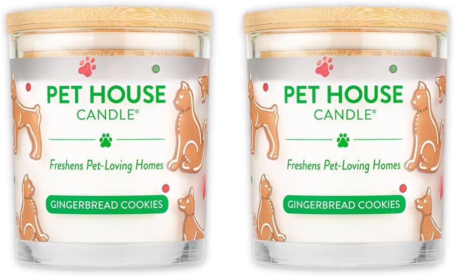 One Fur All Pet House Christmas Candles, Long Lasting, Clean Burning, Soy Wax Scented Pet Friendly Candles for Odor, Gingerbread Cookies, 2 Pack