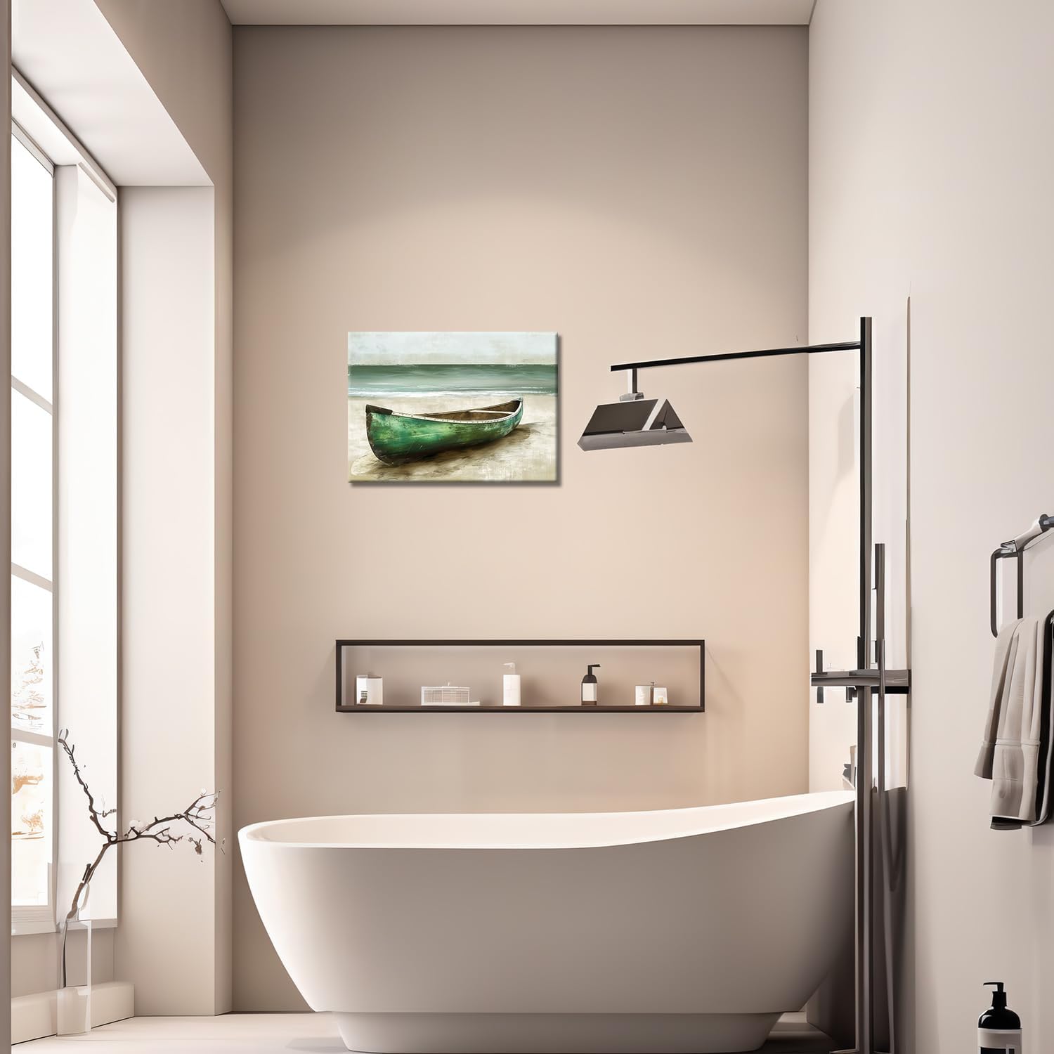 Beach Boat Pictures Wall Art Abstract Green Canoe Boat on Beach Print Painting Rustic Ocean Landscape Textured Seascape Artwork for Bathroom Office Living Room Decor