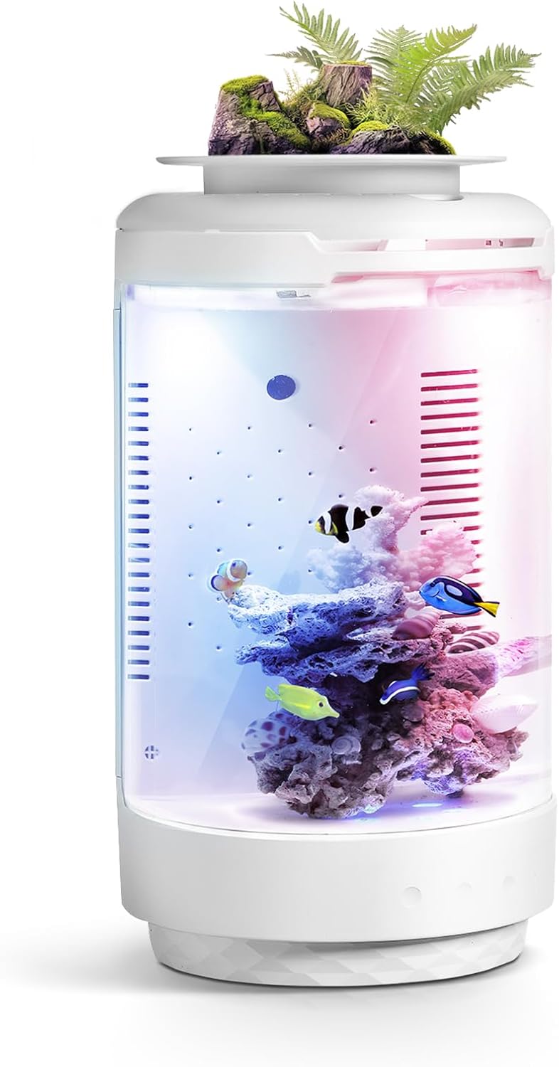 FZONE 1.2Gal Small Fish Tank with Plant Pot, All-in-one Desktop Aquarium Kit with Adjustable 4 Color Light Modes,20dB Filtration Pump,Detachable Backdrop,Invisible Touch Switch, Office & Home Decor
