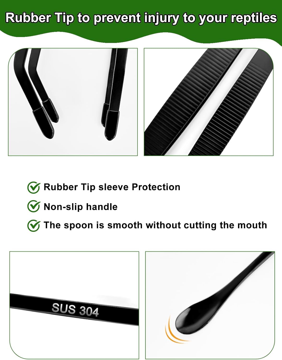 3PCS Reptile Feeding Tongs with Rubber Tips, 11.8-inch Stainless Steel Reptile Tongs and Spoon Long Feeding Tweezers for Turtles, Bearded Dragons, Geckos, Tree Frog, Tank Accessories
