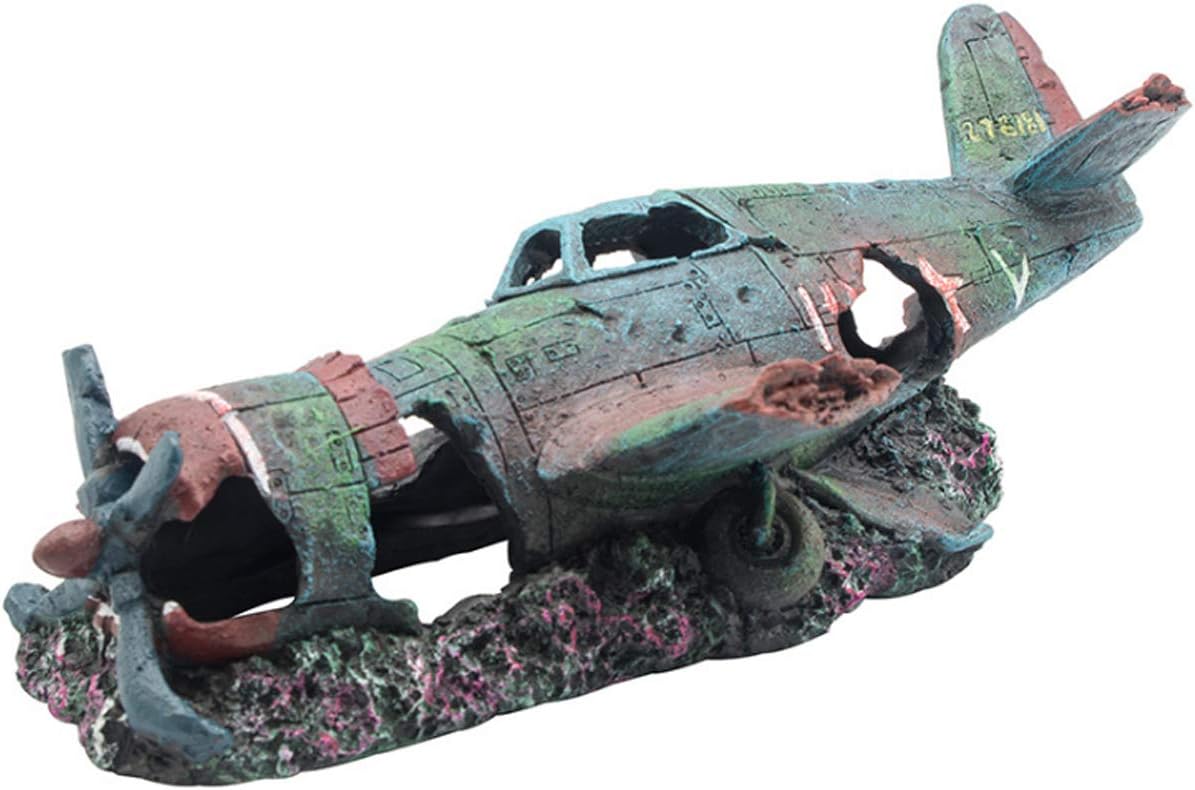 Fish Tank Decoration Fighter Vintage Airplane Ruins Submarine Landscape Fish Shrimp Shelter Cave Hideout Resin Aquarium Decor Turtle Tank Decoration