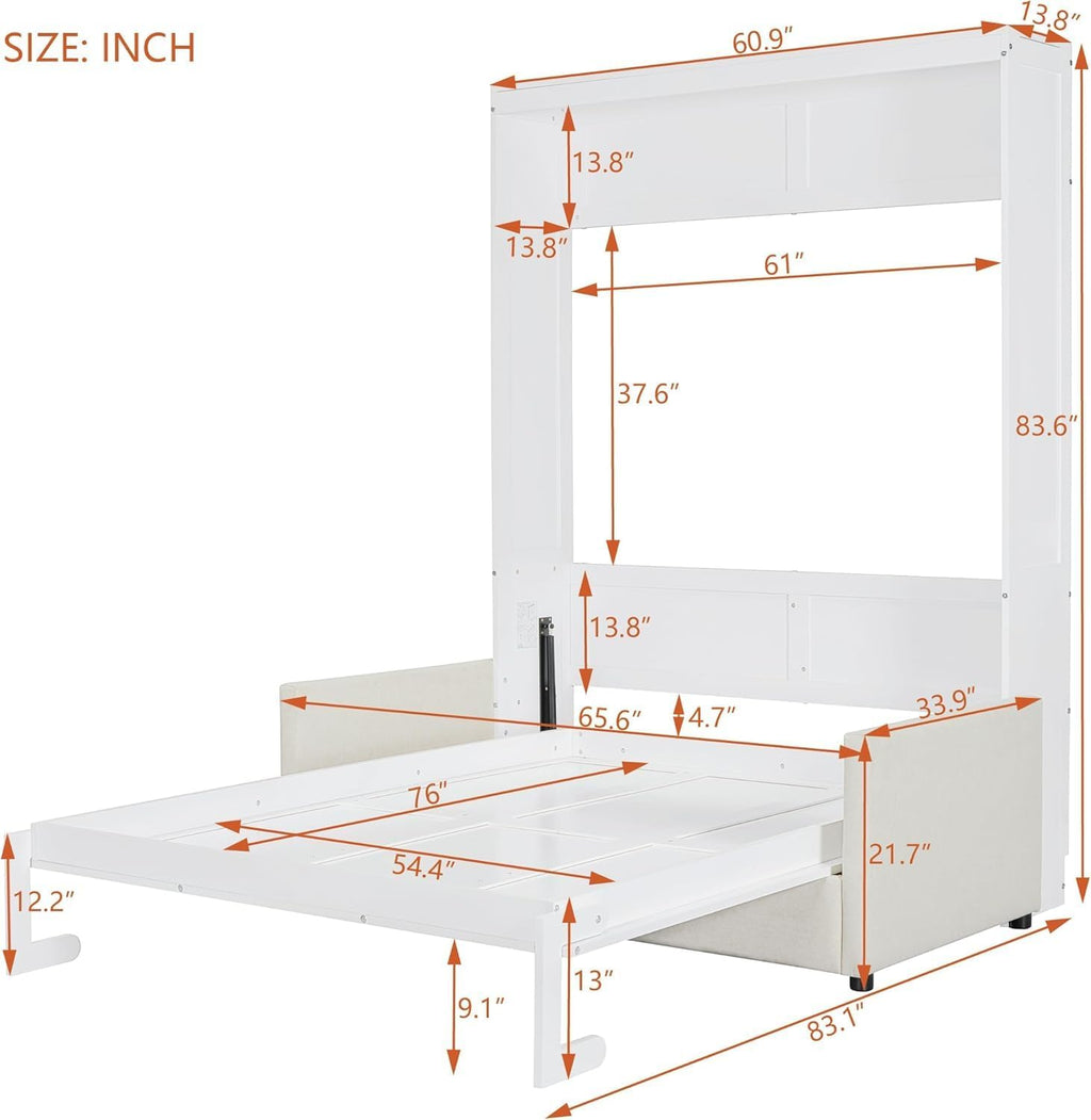 MERITLINE Full Murphy Bed with Couch,Wood Murphy Bed Cabinet with Sofa,Fold up Bed White Murphy Wall Bed Full Size