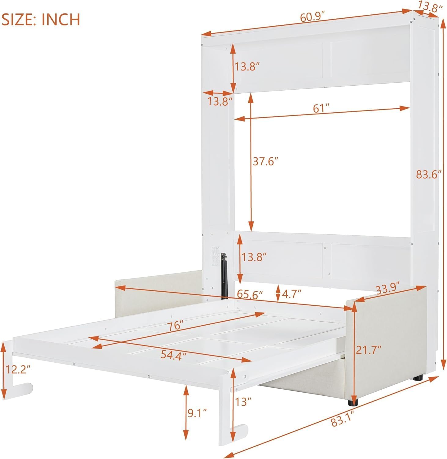 MERITLINE Full Murphy Bed with Couch,Wood Murphy Bed Cabinet with Sofa,Fold up Bed White Murphy Wall Bed Full Size