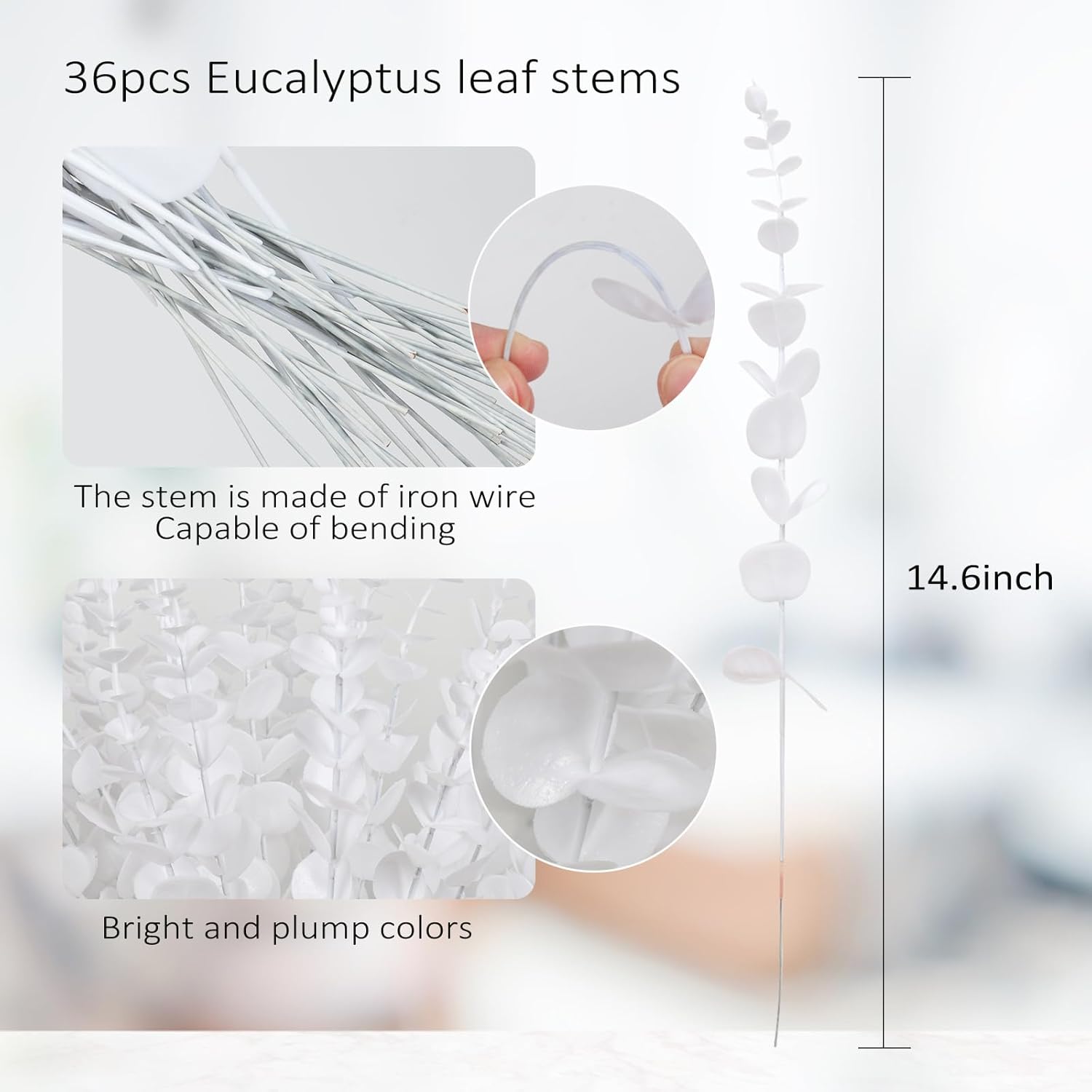 RECUTMS Artificial Eucalyptus Leaves Stems 36Pcs 15Inch Faux White Leaf Branches Plants for Vase Thanksgiving Christmas Halloween Party Wedding Flower Bouquet Floral Arrangement Home Office Decor
