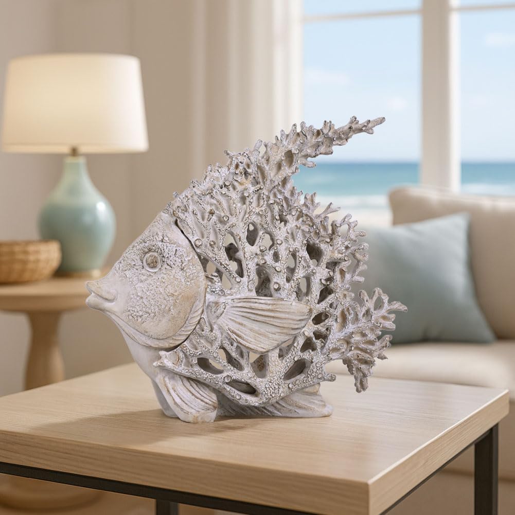 Beach Coastal Decor Coral Reef Angelfish Figurines, Modern Nautical Decor Ocean Centerpieces for Living Room, Bathroom, Office, Coffee Table, Beach House, Seaside, Entrance, Shelf Decorative
