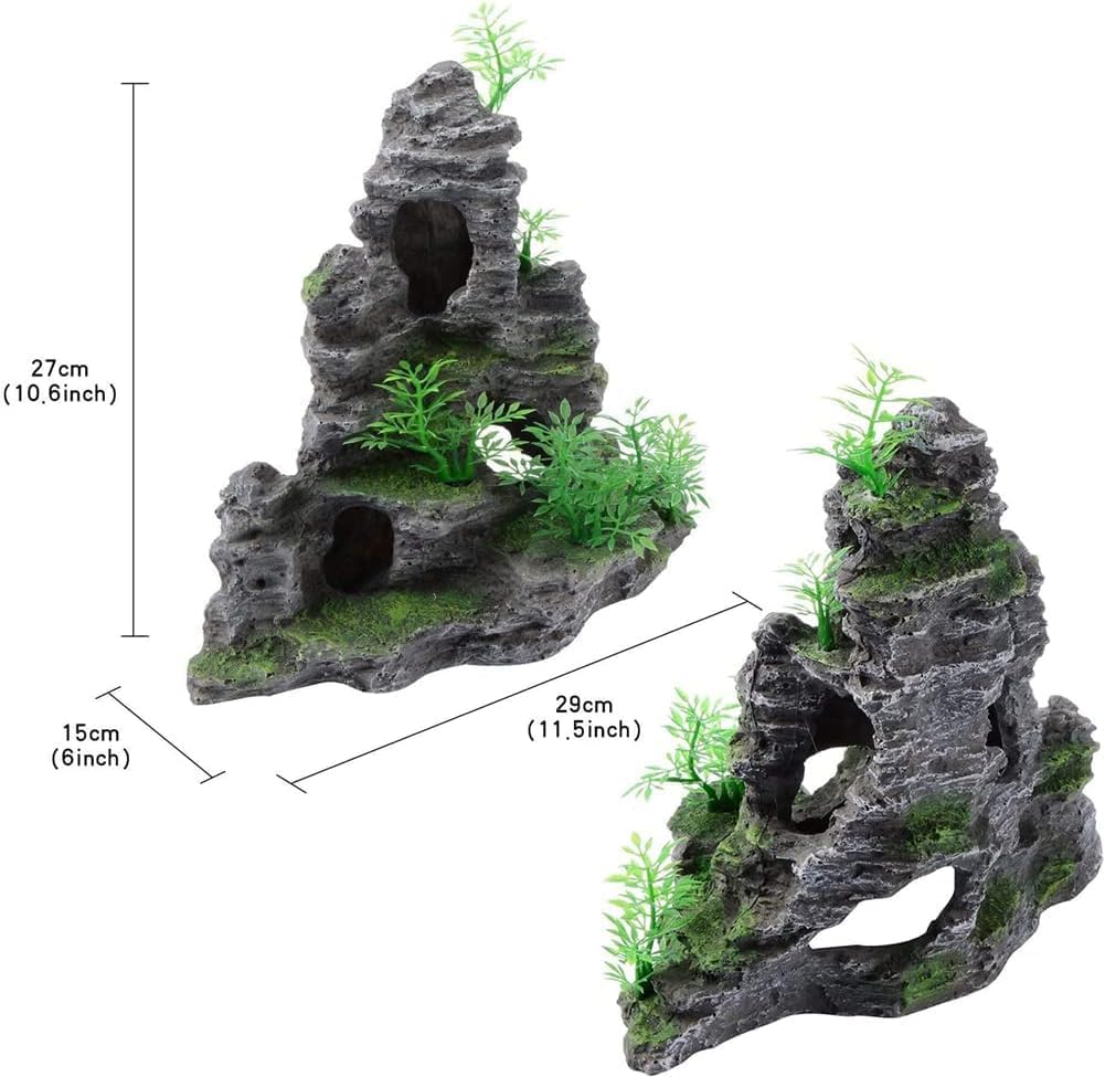 Saim Aquarium Mountain View Stone Ornament, Artificial Mountain Hill View Stone Rock Cave Aquarium Decorations Fish Tank Decor for Betta Cichlids Hideaway Cave, Hermit Crab Hideout - Large