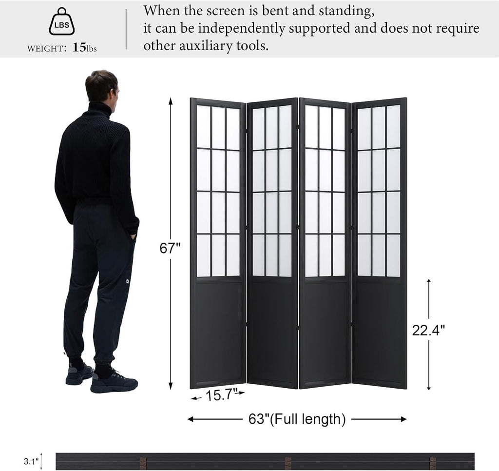 Room Divider, 66.9Inch Tall Japanese Shoji Style Folding Wood Screen with Double Hinges for Home Office Bedroom Hotel Decoration (4Panels, Black)