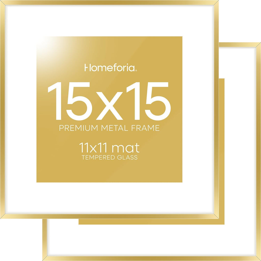 Homeforia 15x15 Picture Frame Gold, High End Metal 15 x 15 Square Poster Frame with Mat 11 x 11 Photo, 15x15 Frame Matted to 11x11 Print, 15by15 Gold Hanging Frames, Tempered Glass, Wall Kit, Set of 2