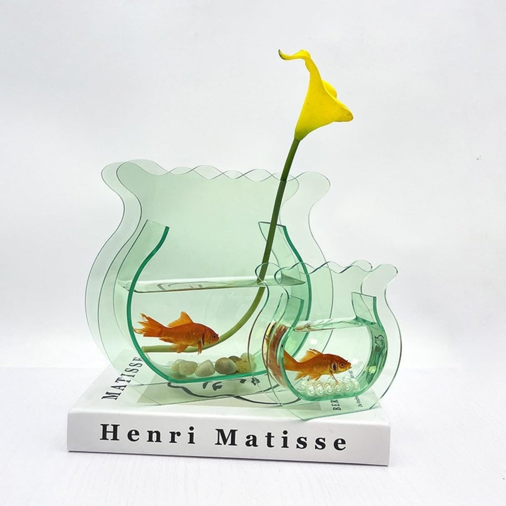 Mini Acrylic Fish Bowl Flower Vase for Small Fish or Plant, Lake Blue Decorative Acrylic Vase for Home Office, Modern Compact Bud Design Tabletop Décor (Lake Blue, Mini)