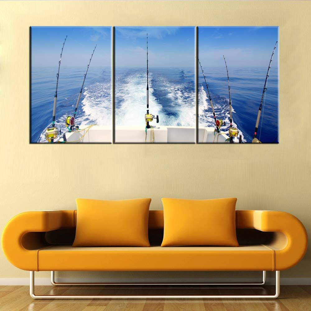 Angling Art Work for Home Walls Fishing Tackle Pictures Reel and Rod Paintings Seascape Big Wave Wall Art 3 Pieces Printed on Canvas Framed Gallery-Wrapped Ready to Hang in Living Room(42''Wx20''H)