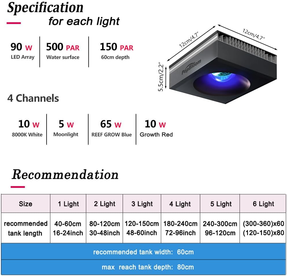 Popbloom RL90 Aquarium LED Reef Light, Smart-APP Control Full Spectrum Marine LED for Saltwater Coral Fish Tanks (Black-with 2nd Arm Kit)
