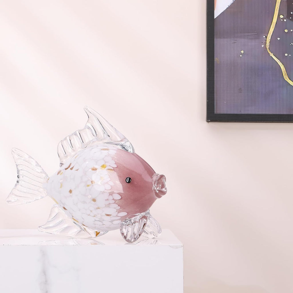 Large Hand Blown Glass Fish Figurines, Aquarium Sea Glass Art, Pink Fish Statue Sculpture Modern Coastal Accent - for Beach Knick Knacks, Coffee Tables, Nautical Offices Centerpiece