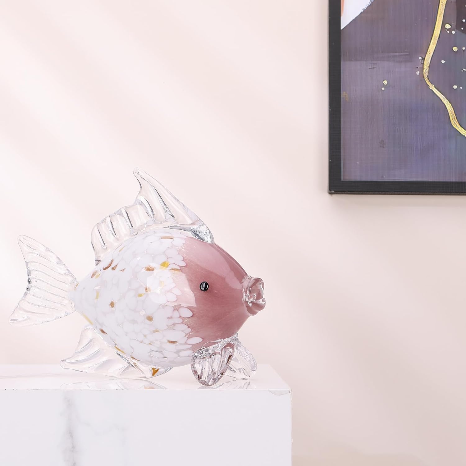 Large Hand Blown Glass Fish Figurines, Aquarium Sea Glass Art, Pink Fish Statue Sculpture Modern Coastal Accent - for Beach Knick Knacks, Coffee Tables, Nautical Offices Centerpiece