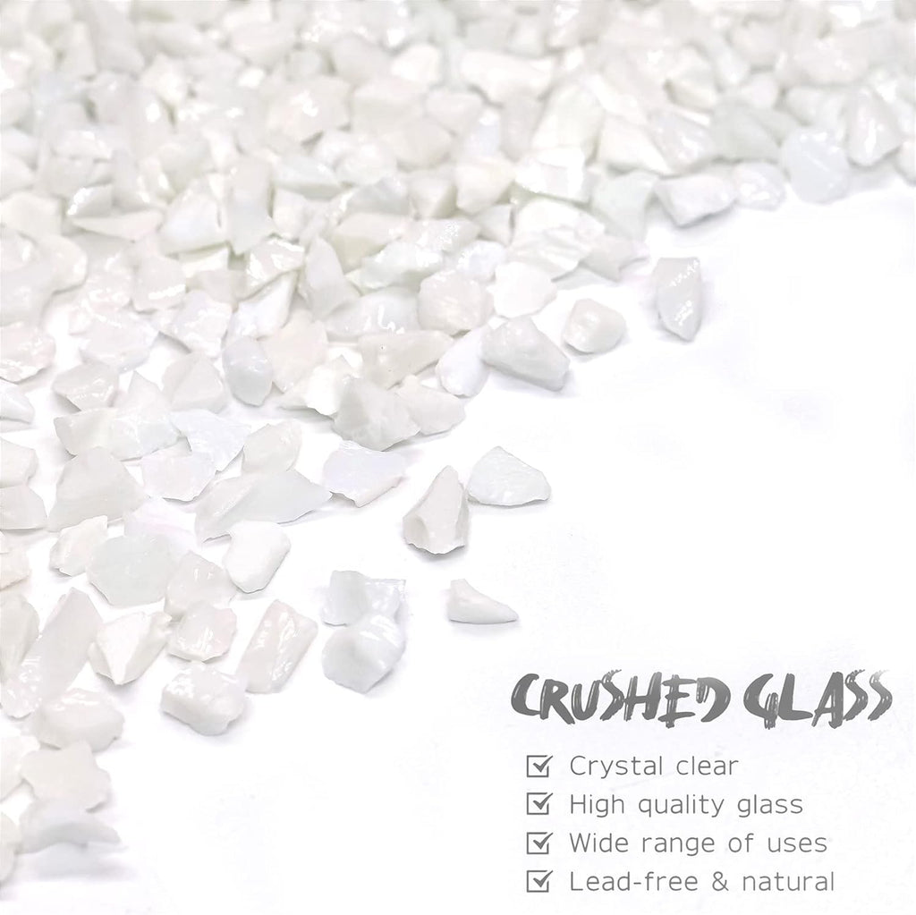 Crushed Glass for Resin Art - 3-6mm White Porcelain, 1.5lb | Broken Glass Pieces for Crafts, Vase Filler & Fire Pit Media | Decorative Stones
