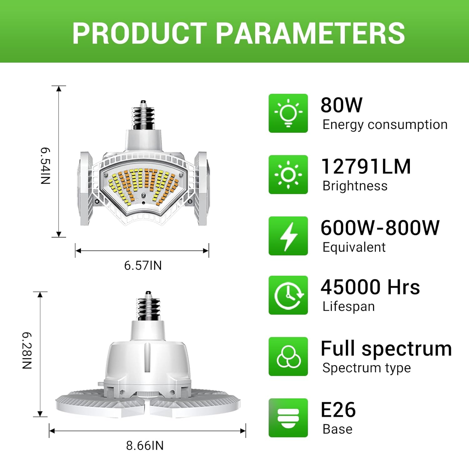 RDJ Bouns 80W Grow Light for Indoor Plants, E26 Base, 12791LM High PPFD Full Spectrum, Foldable Fast-Heat-Cnducting Aluminum Panel Grow Lights Blub for Large Plants Hydroponics Greenhouse