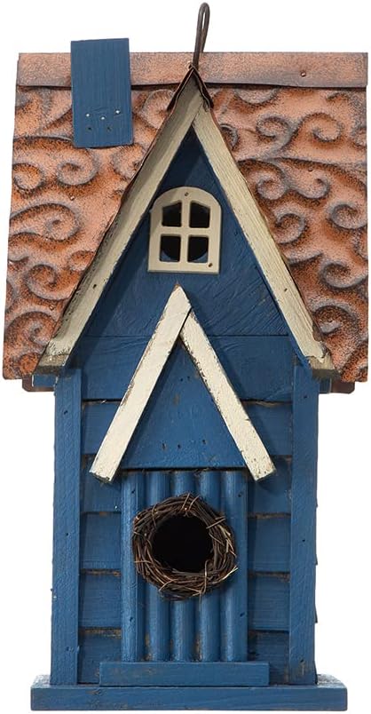 Glitzhome 12" H Retro Blue Distressed Solid Wood Cottage Birdhouse Hanging Bird House for Outdoors