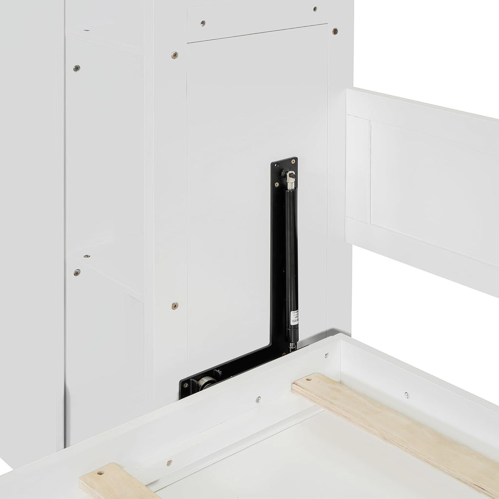 Merax Queen Size Murphy Bed Wall Bed with Shelves, Drawers and LED Lights,White